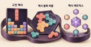 고전 헥사의 낙하형 블록, 육각형 블록 퍼즐, 헥사 매트릭스의 코어 연결 구조를 나란히 비교한 그래픽.