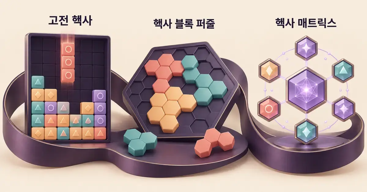 고전 헥사의 낙하형 블록, 육각형 블록 퍼즐, 헥사 매트릭스의 코어 연결 구조를 나란히 비교한 그래픽.